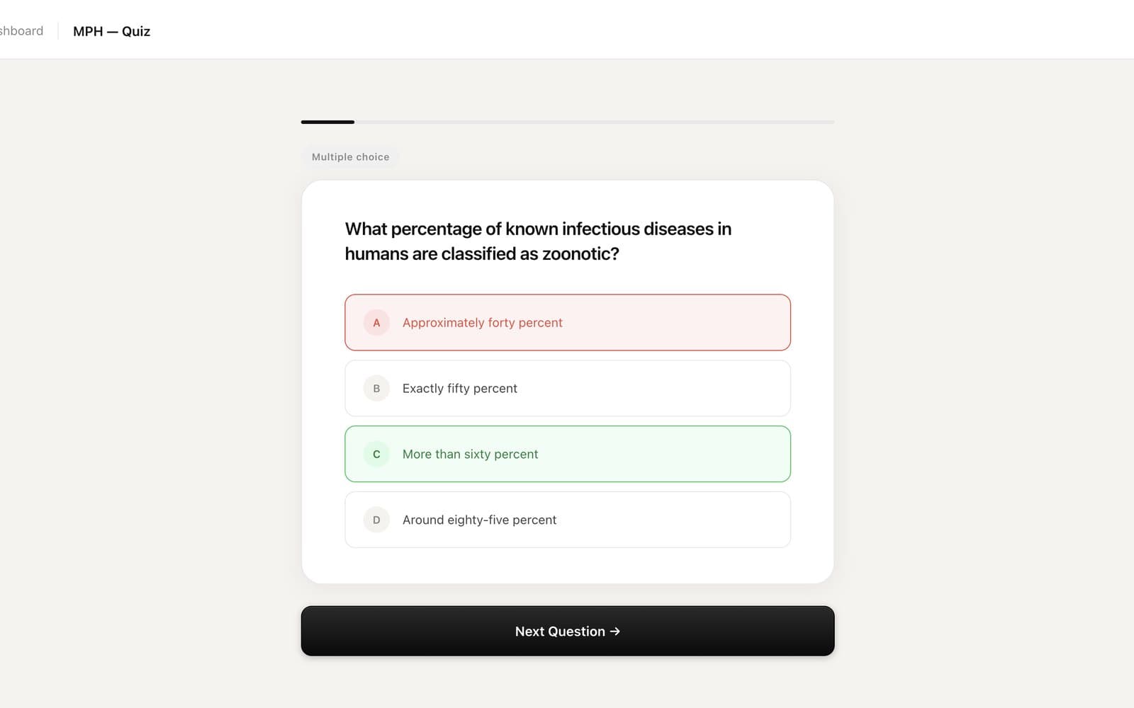 Deckr quiz: a multiple-choice question with the correct answer highlighted