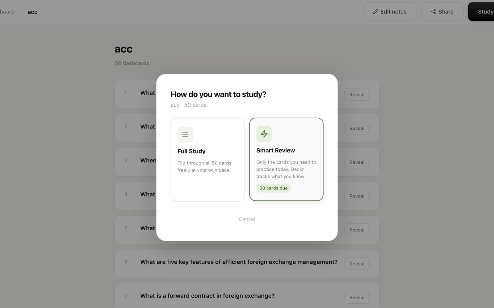Deckr study options: Full Study or Smart Review, which shows only the cards due today
