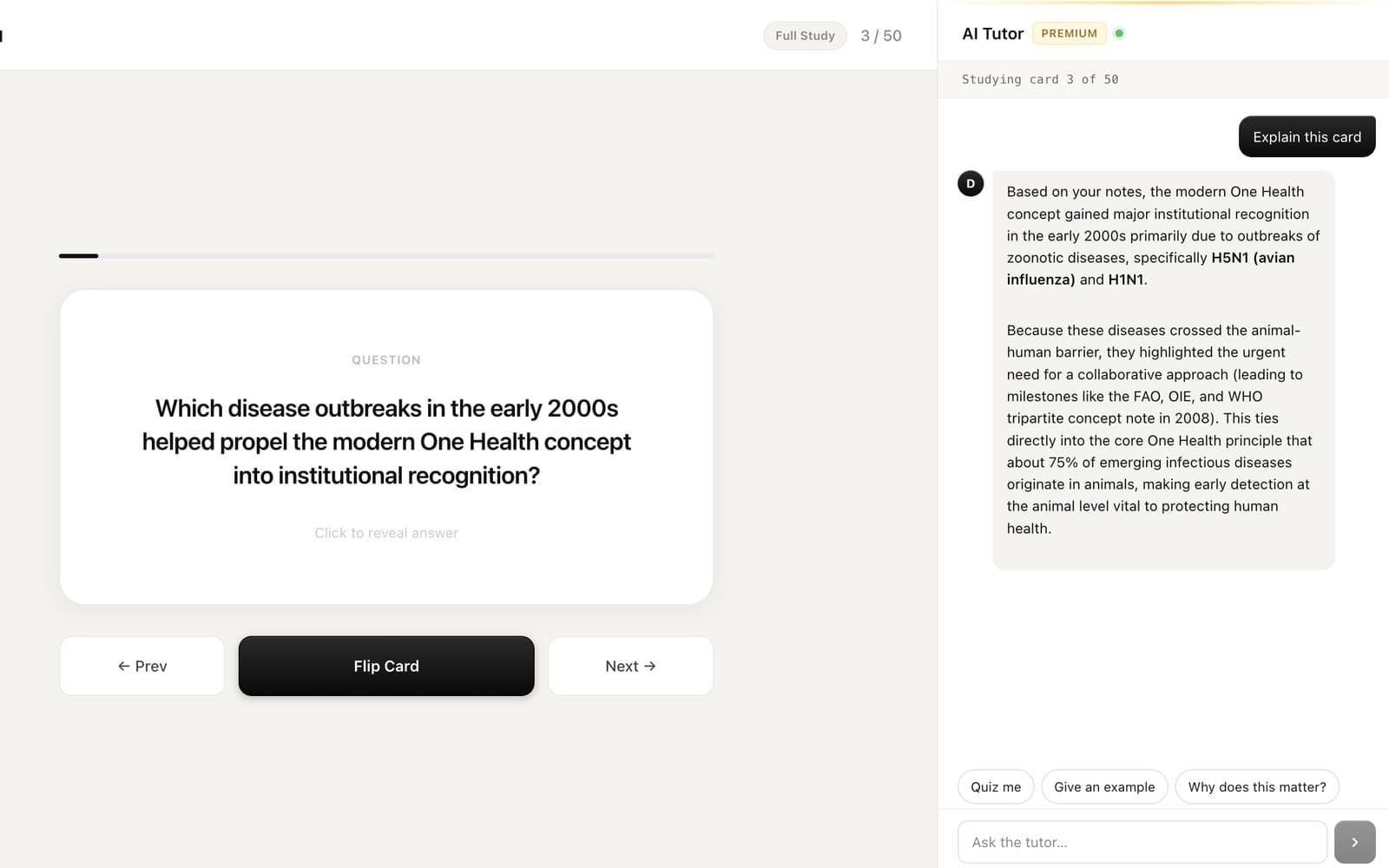 Deckr AI tutor explaining the current flashcard beside the study view