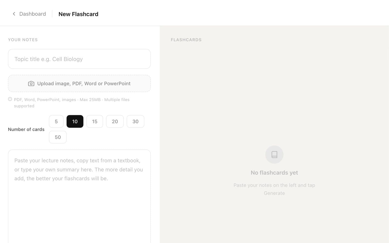 Deckr new flashcard screen: upload an image, PDF, Word or PowerPoint, or paste notes