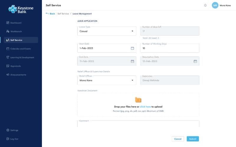 Keystone HRMS leave application form