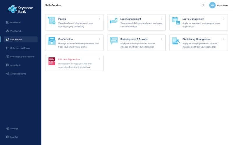 Keystone Bank HRMS self-service screen